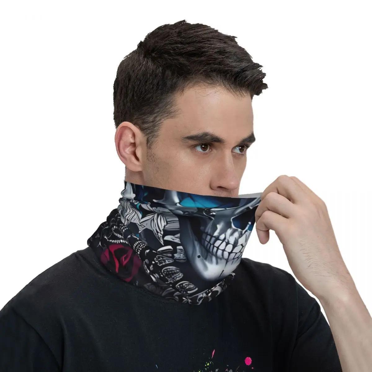 Men' Gothic Skull & Rose Bandana - Multi-Functional Neck Gaiter & Headwear Scarf with Thin Wrap for Concealment - Edgy Goth Accessory for Parties, Outdoor, Casual Attire - Convertible Headband & Face Cover (No)