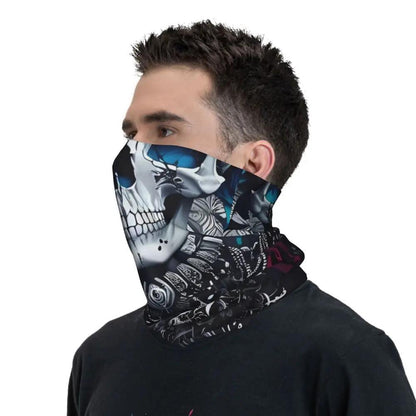 Men' Gothic Skull & Rose Bandana - Multi-Functional Neck Gaiter & Headwear Scarf with Thin Wrap for Concealment - Edgy Goth Accessory for Parties, Outdoor, Casual Attire - Convertible Headband & Face Cover (No)