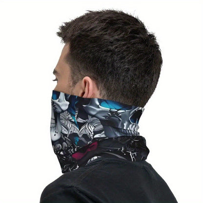 Men' Gothic Skull & Rose Bandana - Multi-Functional Neck Gaiter & Headwear Scarf with Thin Wrap for Concealment - Edgy Goth Accessory for Parties, Outdoor, Casual Attire - Convertible Headband & Face Cover (No)