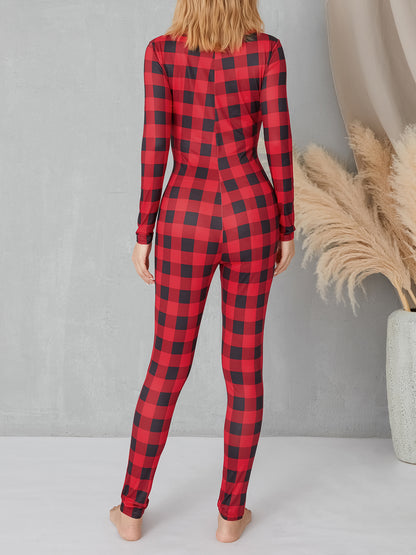 Women's Plaid V-Neck Romper - Casual Long Sleeve Jumpsuit with Elastic Yoga Waist and Button Details, Red, Polyester