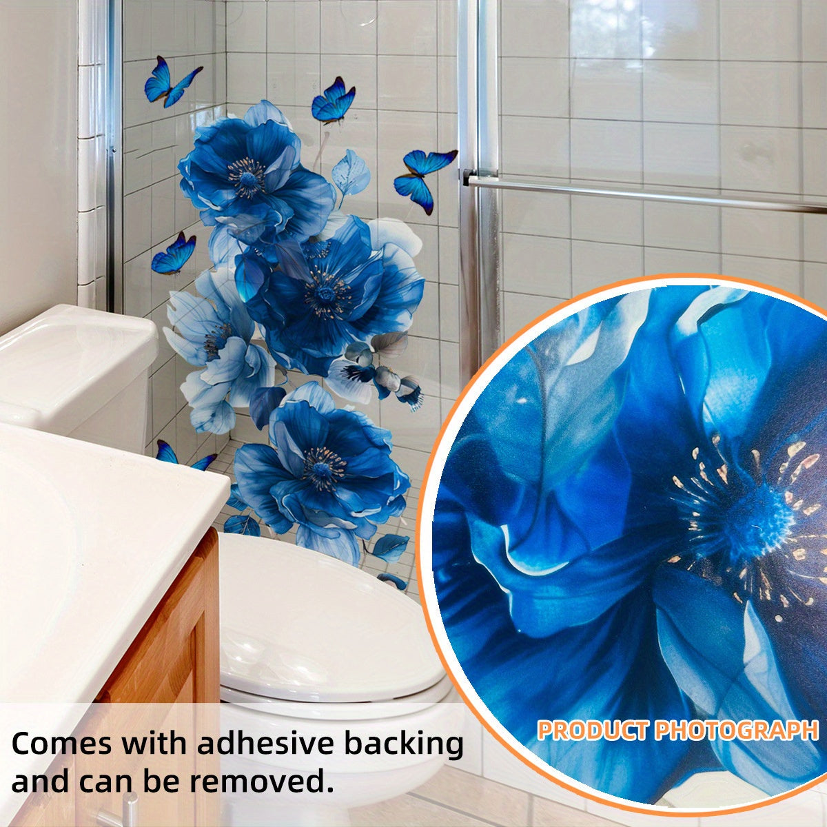 Blue Floral and Butterfly Wall Decals, 1 PC, Self-Adhesive PVC Stickers for Living Room, Bedroom, Bathroom, Home Decor - Reusable, Irregular Shape, Suitable for Wood, Plastic, Glass, Metal, Ceramic Surfaces, Age 14+