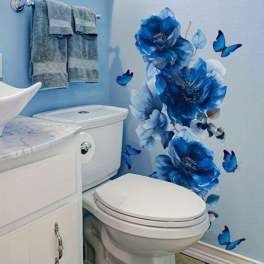 Blue Floral and Butterfly Wall Decals, 1 PC, Self-Adhesive PVC Stickers for Living Room, Bedroom, Bathroom, Home Decor - Reusable, Irregular Shape, Suitable for Wood, Plastic, Glass, Metal, Ceramic Surfaces, Age 14+