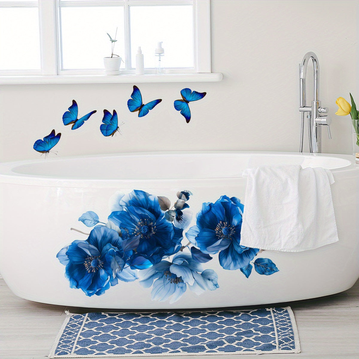 Blue Floral and Butterfly Wall Decals, 1 PC, Self-Adhesive PVC Stickers for Living Room, Bedroom, Bathroom, Home Decor - Reusable, Irregular Shape, Suitable for Wood, Plastic, Glass, Metal, Ceramic Surfaces, Age 14+