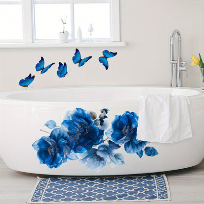 Blue Floral and Butterfly Wall Decals, 1 PC, Self-Adhesive PVC Stickers for Living Room, Bedroom, Bathroom, Home Decor - Reusable, Irregular Shape, Suitable for Wood, Plastic, Glass, Metal, Ceramic Surfaces, Age 14+