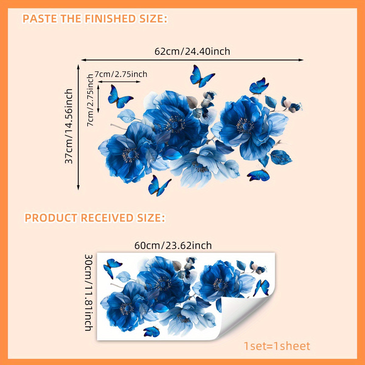 Blue Floral and Butterfly Wall Decals, 1 PC, Self-Adhesive PVC Stickers for Living Room, Bedroom, Bathroom, Home Decor - Reusable, Irregular Shape, Suitable for Wood, Plastic, Glass, Metal, Ceramic Surfaces, Age 14+
