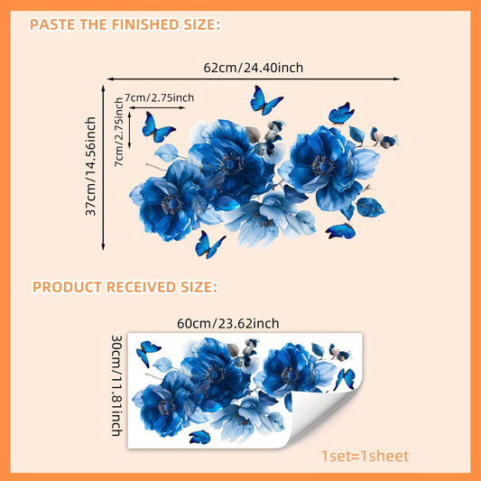 Blue Floral and Butterfly Wall Decals, 1 PC, Self-Adhesive PVC Stickers for Living Room, Bedroom, Bathroom, Home Decor - Reusable, Irregular Shape, Suitable for Wood, Plastic, Glass, Metal, Ceramic Surfaces, Age 14+