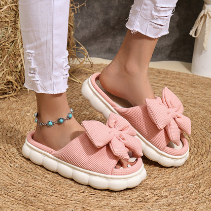 Linen Casual Platform Slippers Women Home Bowknot Luxury Designer Woman Shoes Flats Elegant Fashion Footwear Lovely Large Size