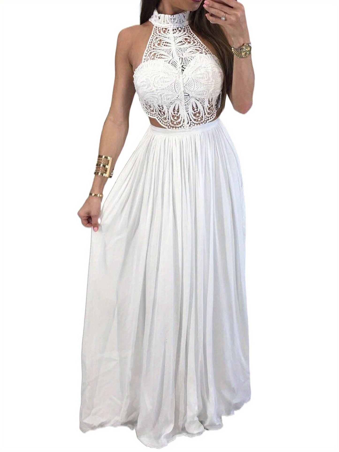 Women Hollow Out Lace Halter Dress, Crochet High Waist Pleated Maxi Dress Wedding Party Dress