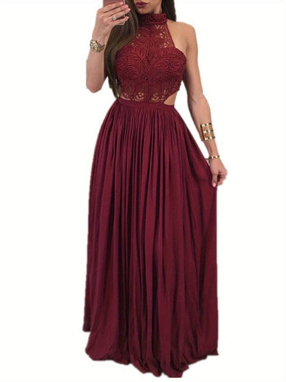 Women Hollow Out Lace Halter Dress, Crochet High Waist Pleated Maxi Dress Wedding Party Dress