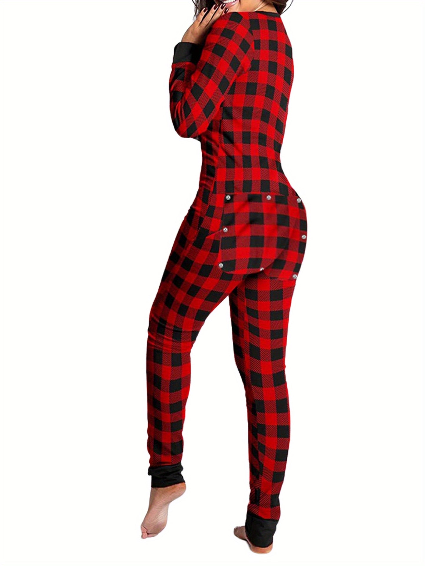 Women Functional Buttoned Flap Jumpsuit Sleepwear Solid Color Printed Long Sleeve Homewear Pajamas