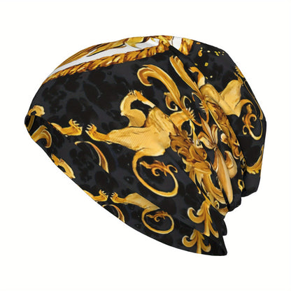 Lightweight Comfort | Golden Lion Damask Bonnet Hat for Men & Women – Lightweight, Stylish Hip Hop Beanie Cap with Ornate Golden Lion Design, Black Background with Rope Patterns, Perfect for Autumn & Spring Warmth