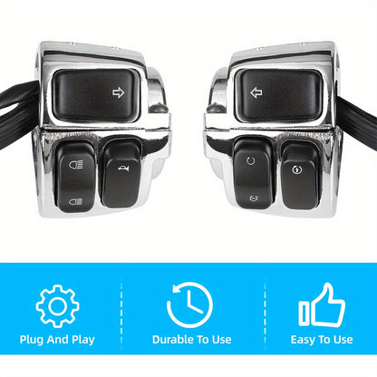 Set of Two Chrome Handlebar Control Switches Complete with Wiring Harness for Harley Sportster And Dyna Models, Without Battery