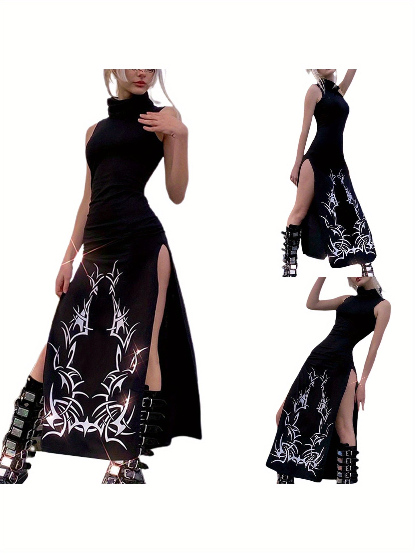 Womens Summer Sleeveless Long Dress Vintage Printing High Collar Slim Fit Split Dress