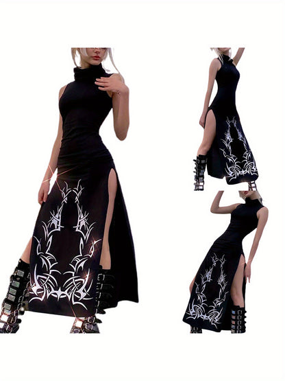 Womens Summer Sleeveless Long Dress Vintage Printing High Collar Slim Fit Split Dress
