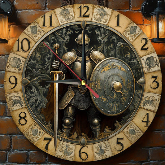 1pc Silent Medieval Knight Wooden Wall Clock - Vintage Armor Design, No Ticking, Easy to Read, Round - For Living Room, Office, Home Decor - Perfect Gift for History Buffs & Home Decor Enthusiasts