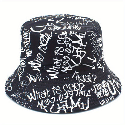 Unisex Lightweight Fisherman Bucket Hat with Graffiti Letter Print - Adjustable Hat for Outdoor Travel, Beach & Casual Wear, Black & White, Beach Hat, Stylish, Urban Streetwear, Fabric Construction