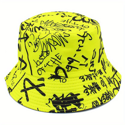 Unisex Lightweight Fisherman Bucket Hat with Graffiti Letter Print - Adjustable Hat for Outdoor Travel, Beach & Casual Wear, Black & White, Beach Hat, Stylish, Urban Streetwear, Fabric Construction