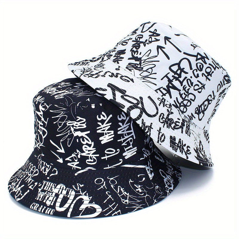 Unisex Lightweight Fisherman Bucket Hat with Graffiti Letter Print - Adjustable Hat for Outdoor Travel, Beach & Casual Wear, Black & White, Beach Hat, Stylish, Urban Streetwear, Fabric Construction