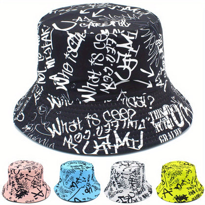Unisex Lightweight Fisherman Bucket Hat with Graffiti Letter Print - Adjustable Hat for Outdoor Travel, Beach & Casual Wear, Black & White, Beach Hat, Stylish, Urban Streetwear, Fabric Construction