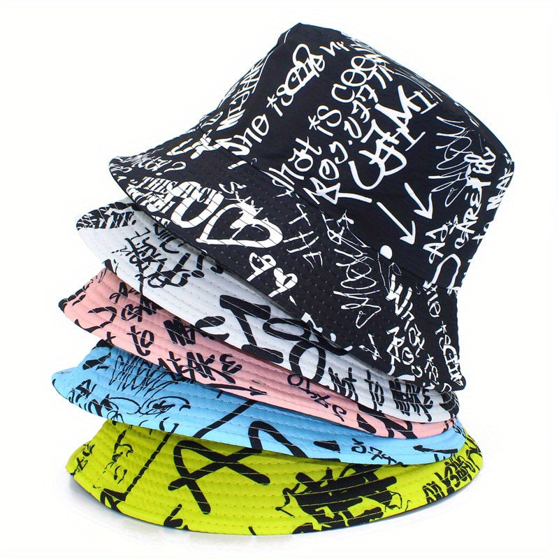 Unisex Lightweight Fisherman Bucket Hat with Graffiti Letter Print - Adjustable Hat for Outdoor Travel, Beach & Casual Wear, Black & White, Beach Hat, Stylish, Urban Streetwear, Fabric Construction
