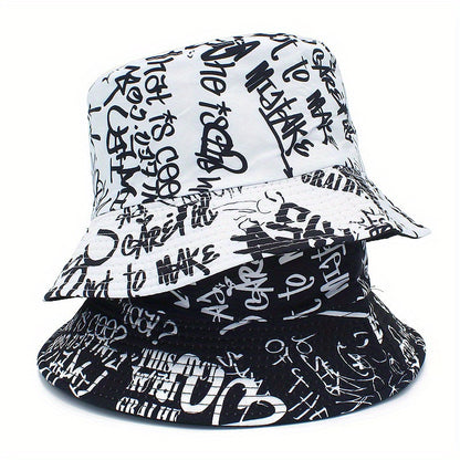 Unisex Lightweight Fisherman Bucket Hat with Graffiti Letter Print - Adjustable Hat for Outdoor Travel, Beach & Casual Wear, Black & White, Beach Hat, Stylish, Urban Streetwear, Fabric Construction