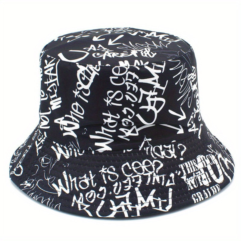 Unisex Lightweight Fisherman Bucket Hat with Graffiti Letter Print - Adjustable Hat for Outdoor Travel, Beach & Casual Wear, Black & White, Beach Hat, Stylish, Urban Streetwear, Fabric Construction