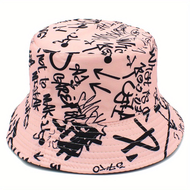 Unisex Lightweight Fisherman Bucket Hat with Graffiti Letter Print - Adjustable Hat for Outdoor Travel, Beach & Casual Wear, Black & White, Beach Hat, Stylish, Urban Streetwear, Fabric Construction