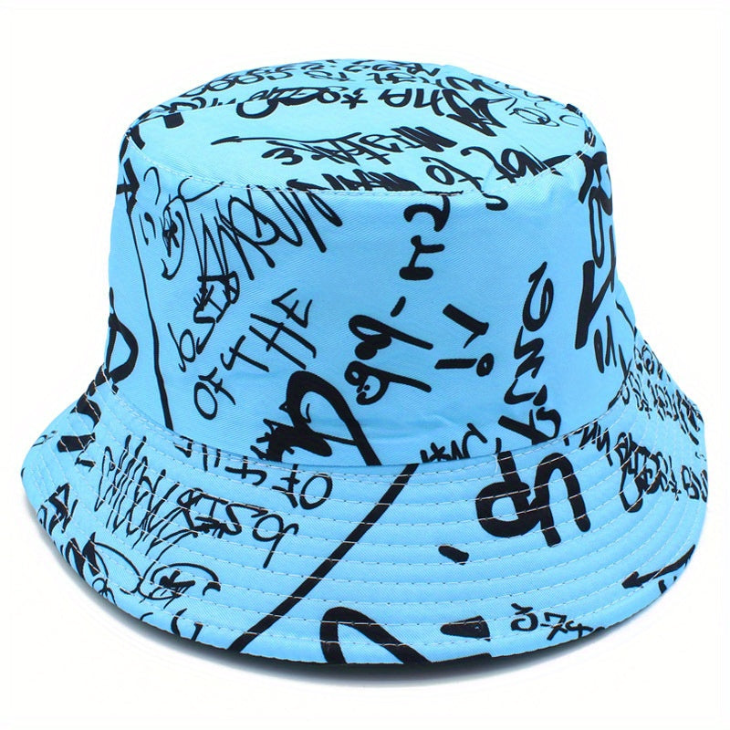 Unisex Lightweight Fisherman Bucket Hat with Graffiti Letter Print - Adjustable Hat for Outdoor Travel, Beach & Casual Wear, Black & White, Beach Hat, Stylish, Urban Streetwear, Fabric Construction