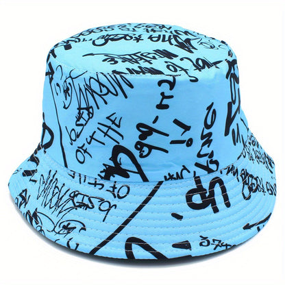 Unisex Lightweight Fisherman Bucket Hat with Graffiti Letter Print - Adjustable Hat for Outdoor Travel, Beach & Casual Wear, Black & White, Beach Hat, Stylish, Urban Streetwear, Fabric Construction
