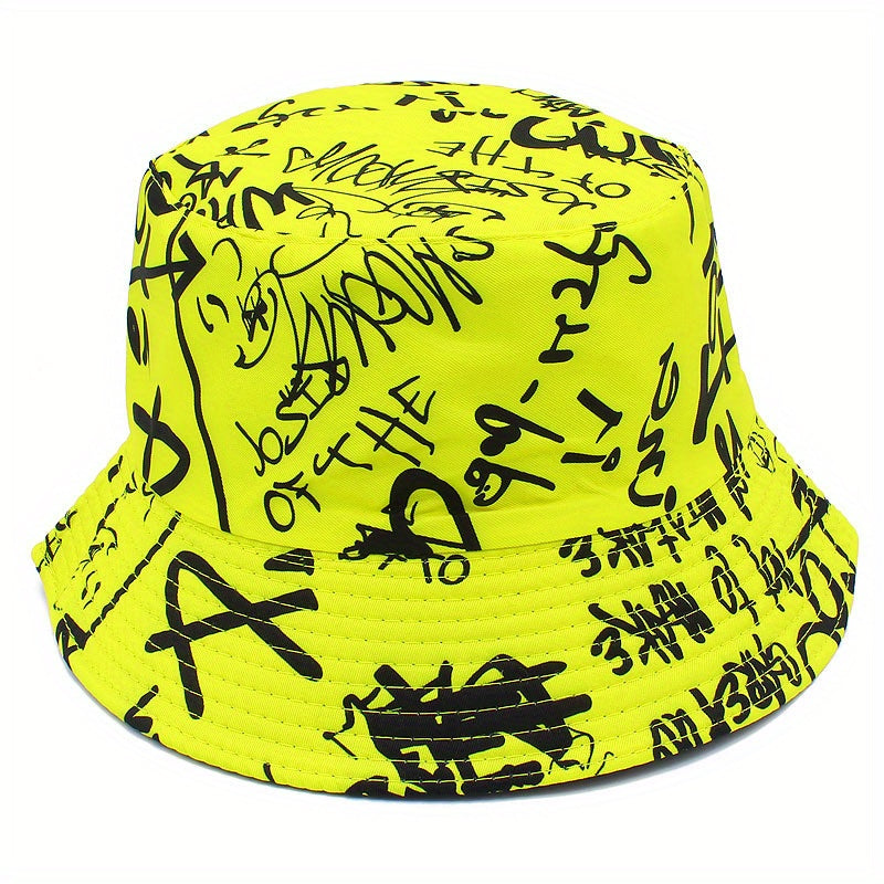 Unisex Lightweight Fisherman Bucket Hat with Graffiti Letter Print - Adjustable Hat for Outdoor Travel, Beach & Casual Wear, Black & White, Beach Hat, Stylish, Urban Streetwear, Fabric Construction