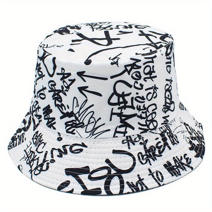 Unisex Lightweight Fisherman Bucket Hat with Graffiti Letter Print - Adjustable Hat for Outdoor Travel, Beach & Casual Wear, Black & White, Beach Hat, Stylish, Urban Streetwear, Fabric Construction
