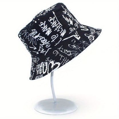 Unisex Lightweight Fisherman Bucket Hat with Graffiti Letter Print - Adjustable Hat for Outdoor Travel, Beach & Casual Wear, Black & White, Beach Hat, Stylish, Urban Streetwear, Fabric Construction