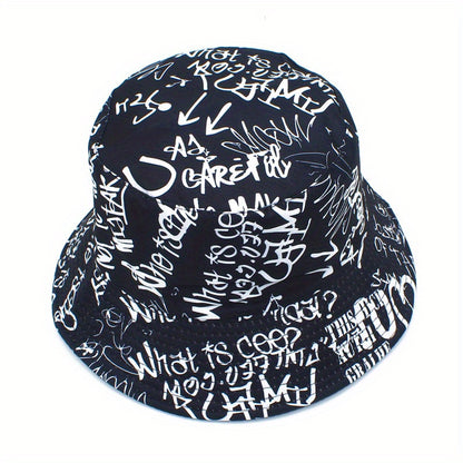 Unisex Lightweight Fisherman Bucket Hat with Graffiti Letter Print - Adjustable Hat for Outdoor Travel, Beach & Casual Wear, Black & White, Beach Hat, Stylish, Urban Streetwear, Fabric Construction