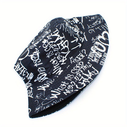 Unisex Lightweight Fisherman Bucket Hat with Graffiti Letter Print - Adjustable Hat for Outdoor Travel, Beach & Casual Wear, Black & White, Beach Hat, Stylish, Urban Streetwear, Fabric Construction
