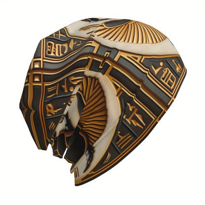 Egyptian Totem Knit Beanie - Fashionable Men's Headwear with Polyester and Elastane Blend - For Winter - Suitable for Casual & Streetwear Style - Great Gift for Men