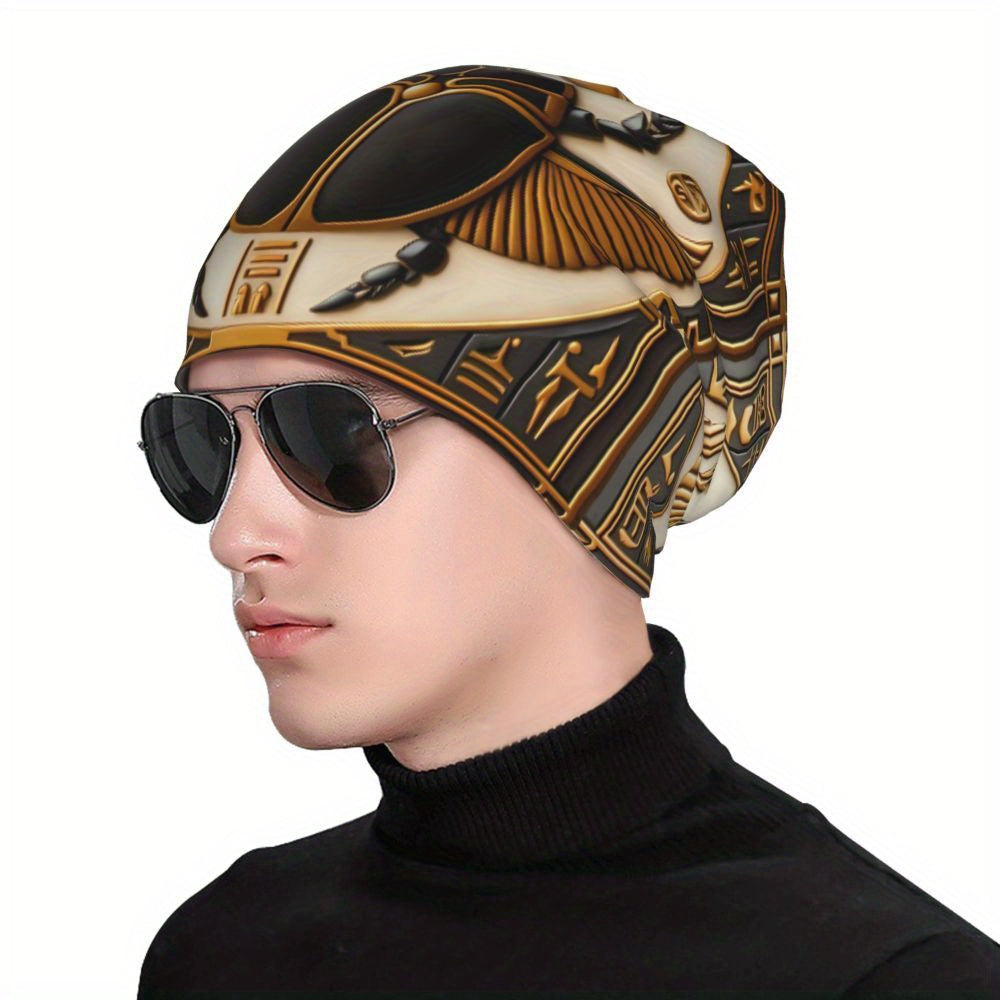 Egyptian Totem Knit Beanie - Fashionable Men's Headwear with Polyester and Elastane Blend - For Winter - Suitable for Casual & Streetwear Style - Great Gift for Men