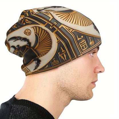 Egyptian Totem Knit Beanie - Fashionable Men's Headwear with Polyester and Elastane Blend - For Winter - Suitable for Casual & Streetwear Style - Great Gift for Men