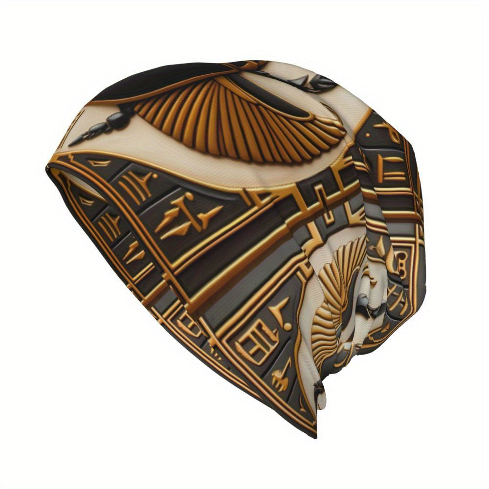 Egyptian Totem Knit Beanie - Fashionable Men's Headwear with Polyester and Elastane Blend - For Winter - Suitable for Casual & Streetwear Style - Great Gift for Men