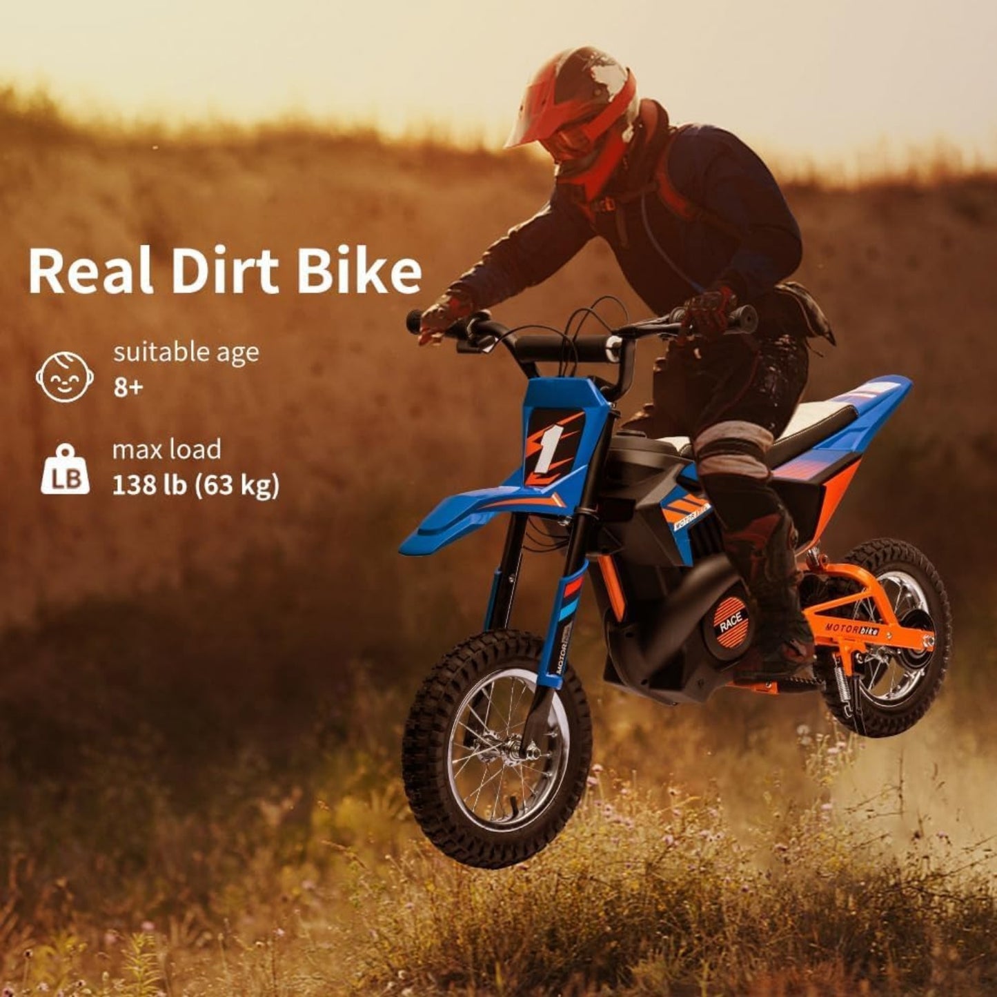 [Adventurous Rideon] High-Speed 250W Electric Off-Road Motorcycle for Youngsters 8+ Years - 13.6MPH, Durable Faux Leather Seat, Twist Grip Throttle, Metal Suspension, Air-Filled Tires, Blue & Black with Orange Accents - Ideal