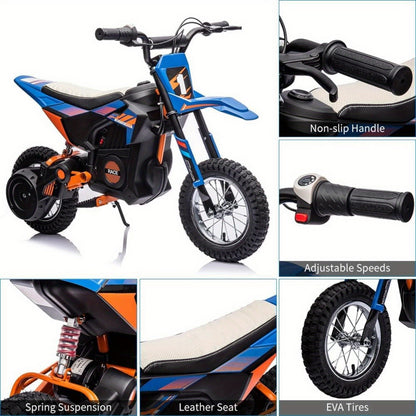 [Adventurous Rideon] High-Speed 250W Electric Off-Road Motorcycle for Youngsters 8+ Years - 13.6MPH, Durable Faux Leather Seat, Twist Grip Throttle, Metal Suspension, Air-Filled Tires, Blue & Black with Orange Accents - Ideal