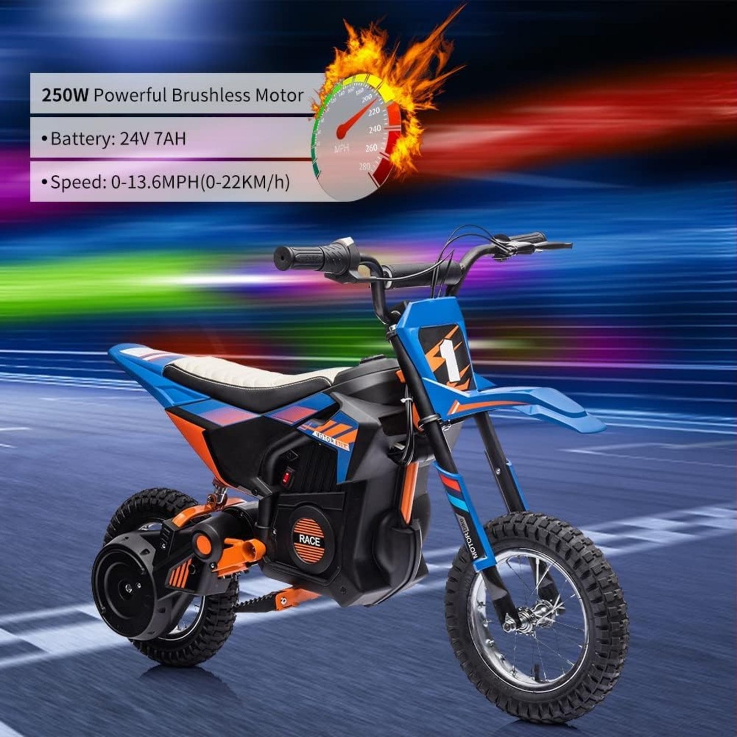 [Adventurous Rideon] High-Speed 250W Electric Off-Road Motorcycle for Youngsters 8+ Years - 13.6MPH, Durable Faux Leather Seat, Twist Grip Throttle, Metal Suspension, Air-Filled Tires, Blue & Black with Orange Accents - Ideal