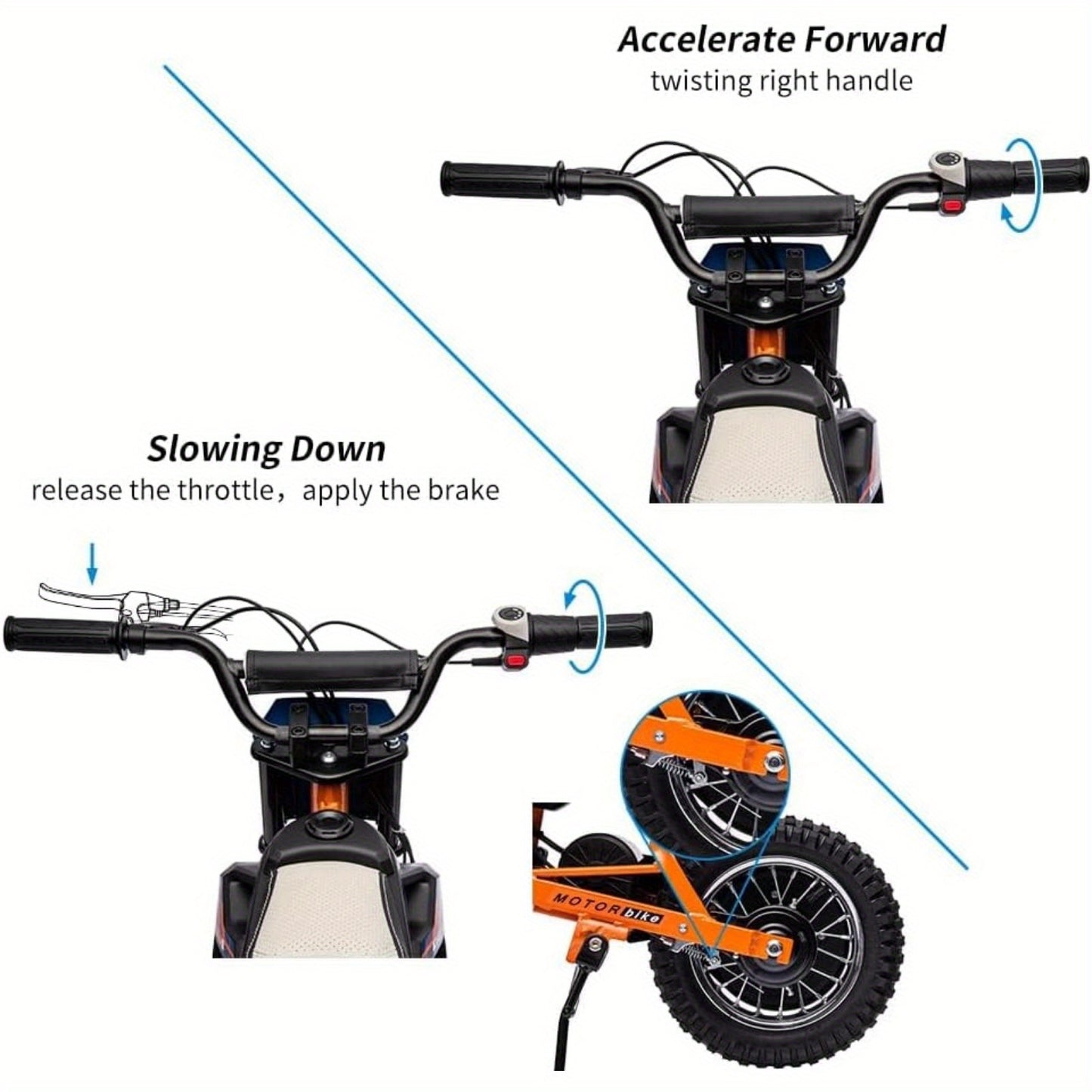 [Adventurous Rideon] High-Speed 250W Electric Off-Road Motorcycle for Youngsters 8+ Years - 13.6MPH, Durable Faux Leather Seat, Twist Grip Throttle, Metal Suspension, Air-Filled Tires, Blue & Black with Orange Accents - Ideal