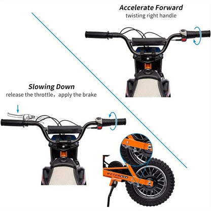 [Adventurous Rideon] High-Speed 250W Electric Off-Road Motorcycle for Youngsters 8+ Years - 13.6MPH, Durable Faux Leather Seat, Twist Grip Throttle, Metal Suspension, Air-Filled Tires, Blue & Black with Orange Accents - Ideal