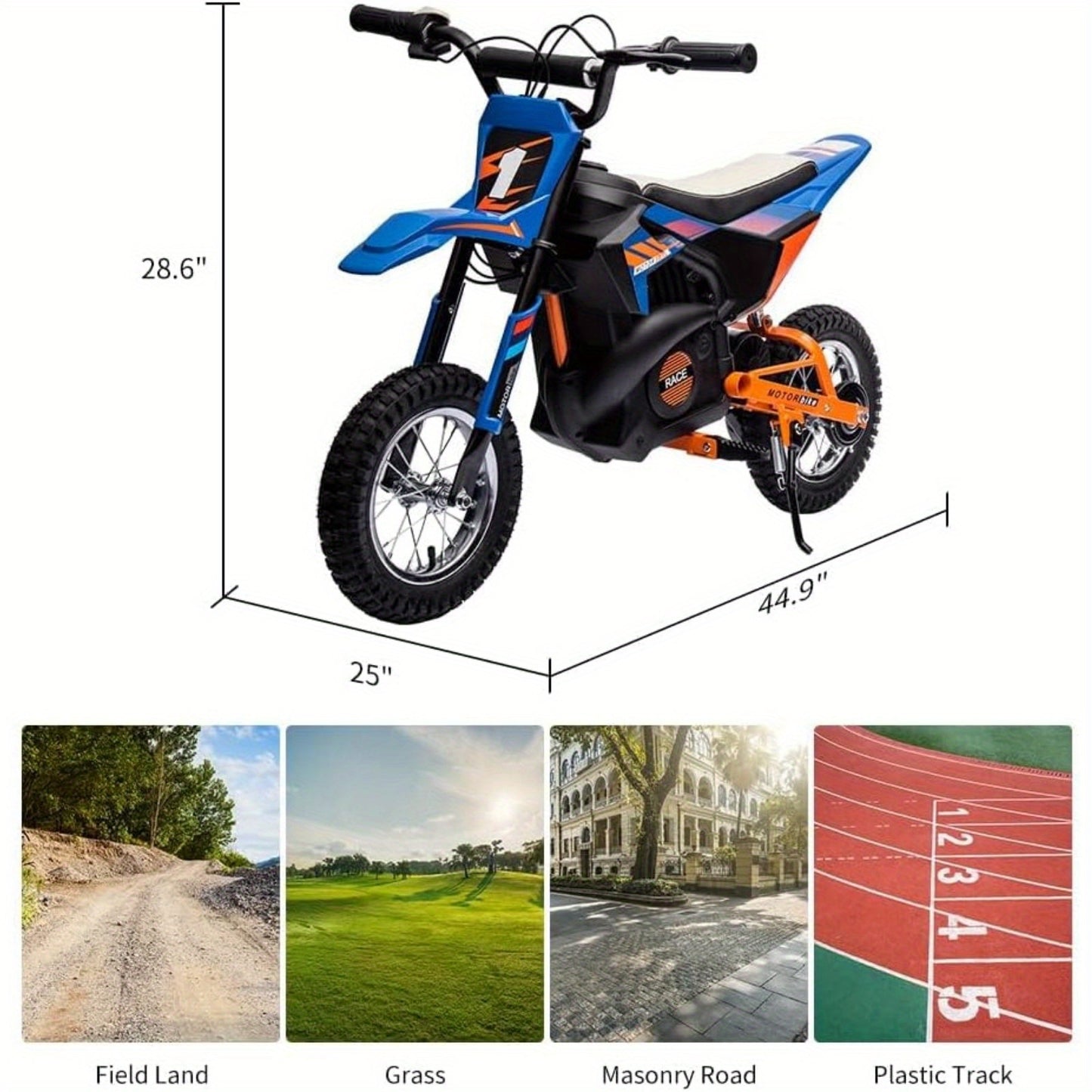 [Adventurous Rideon] High-Speed 250W Electric Off-Road Motorcycle for Youngsters 8+ Years - 13.6MPH, Durable Faux Leather Seat, Twist Grip Throttle, Metal Suspension, Air-Filled Tires, Blue & Black with Orange Accents - Ideal