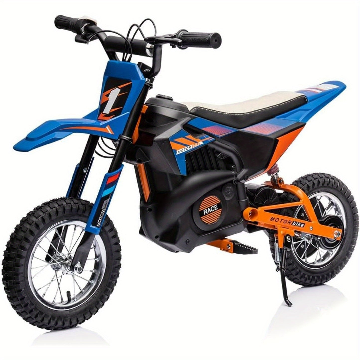 [Adventurous Rideon] High-Speed 250W Electric Off-Road Motorcycle for Youngsters 8+ Years - 13.6MPH, Durable Faux Leather Seat, Twist Grip Throttle, Metal Suspension, Air-Filled Tires, Blue & Black with Orange Accents - Ideal