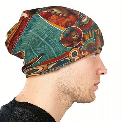 Biihudu African-Inspired Unisex Beanie Hat - Vibrant Tribal Geometric Patterns, Lightweight Warmth for Casual & Cultural Fashion, Artistic African Portraits Design, Cultural Headwear, Decorative Headgear Suitable for men and