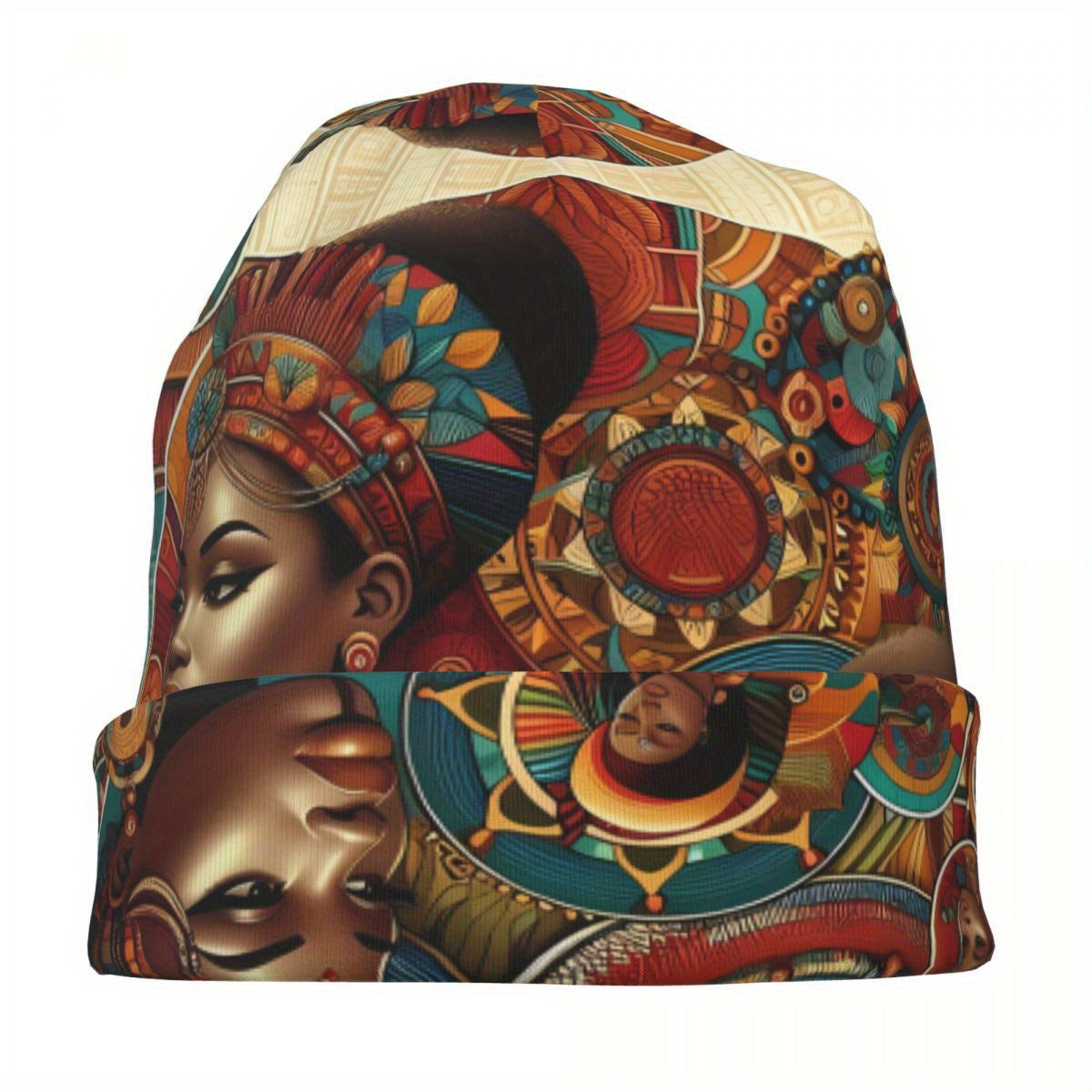 Biihudu African-Inspired Unisex Beanie Hat - Vibrant Tribal Geometric Patterns, Lightweight Warmth for Casual & Cultural Fashion, Artistic African Portraits Design, Cultural Headwear, Decorative Headgear Suitable for men and
