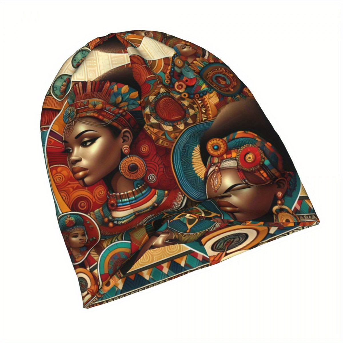 Biihudu African-Inspired Unisex Beanie Hat - Vibrant Tribal Geometric Patterns, Lightweight Warmth for Casual & Cultural Fashion, Artistic African Portraits Design, Cultural Headwear, Decorative Headgear Suitable for men and