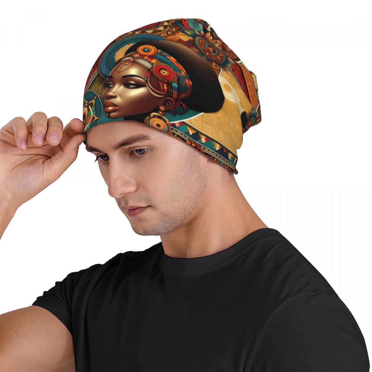 Biihudu African-Inspired Unisex Beanie Hat - Vibrant Tribal Geometric Patterns, Lightweight Warmth for Casual & Cultural Fashion, Artistic African Portraits Design, Cultural Headwear, Decorative Headgear Suitable for men and