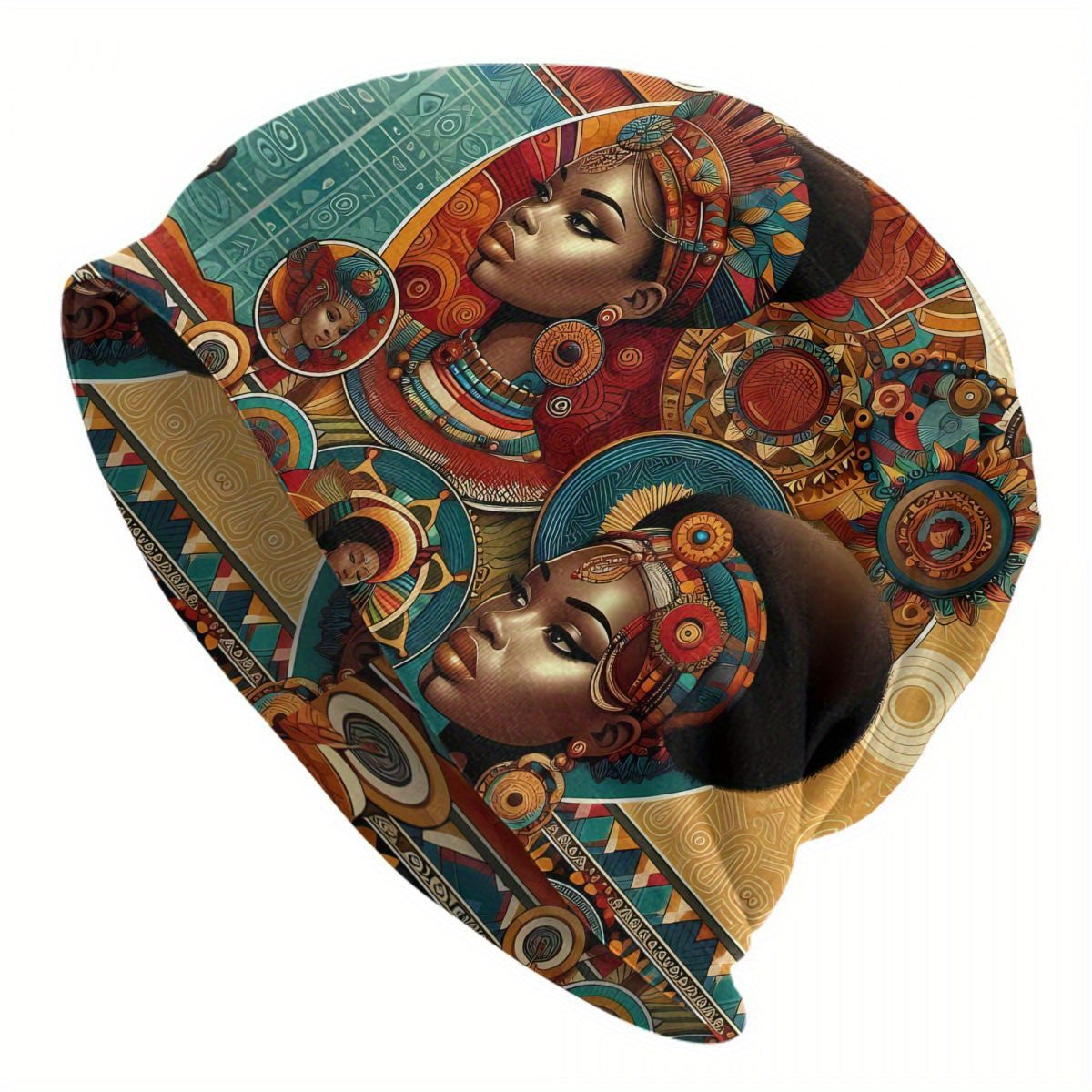 Biihudu African-Inspired Unisex Beanie Hat - Vibrant Tribal Geometric Patterns, Lightweight Warmth for Casual & Cultural Fashion, Artistic African Portraits Design, Cultural Headwear, Decorative Headgear Suitable for men and
